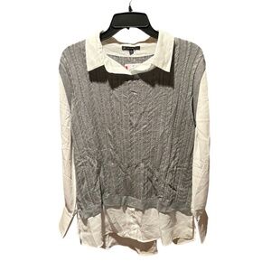 Adrianna Papell Solid Open V-neck Twofer Sweater in Heather Gray Medium